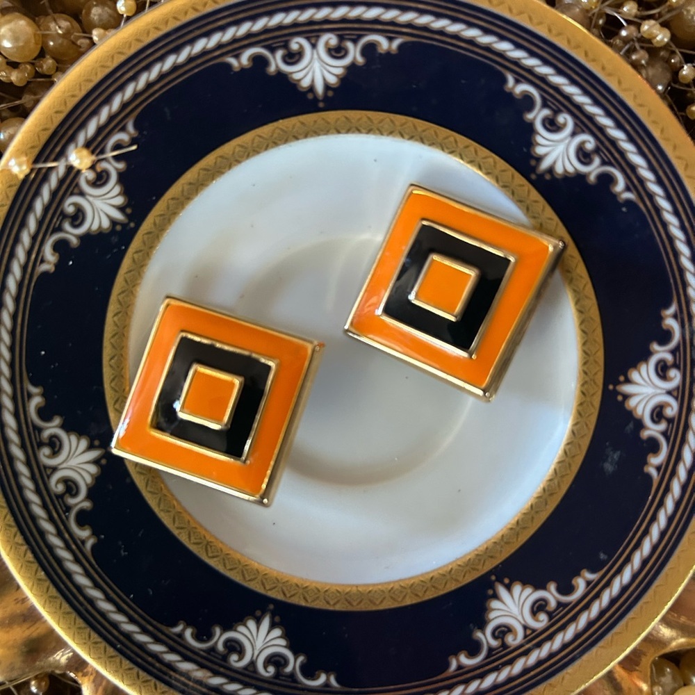 Vintage Orange & Black Enameled Clip-on Earrings